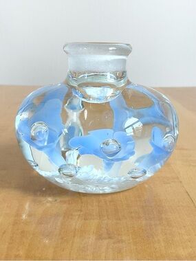 Joe Rice 1988 Art Glass Taper Candle Holder St Clair Family Blue Floral Bubbles
